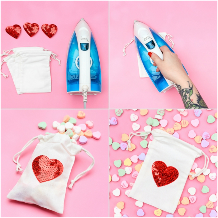 DIY Geschenkidee zum Valentinstag, rotes Herz aus Pailletten auf weißes Säckchen kleben, mit Bonbons füllen