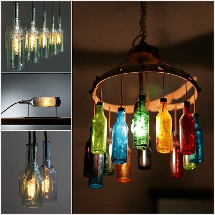 vier bilder mit lampen aus durchsichtigen glasflaschen - hängelampen aus grünen und blauen, roten un d orangen flaschen - flaschenlampe selber bauen