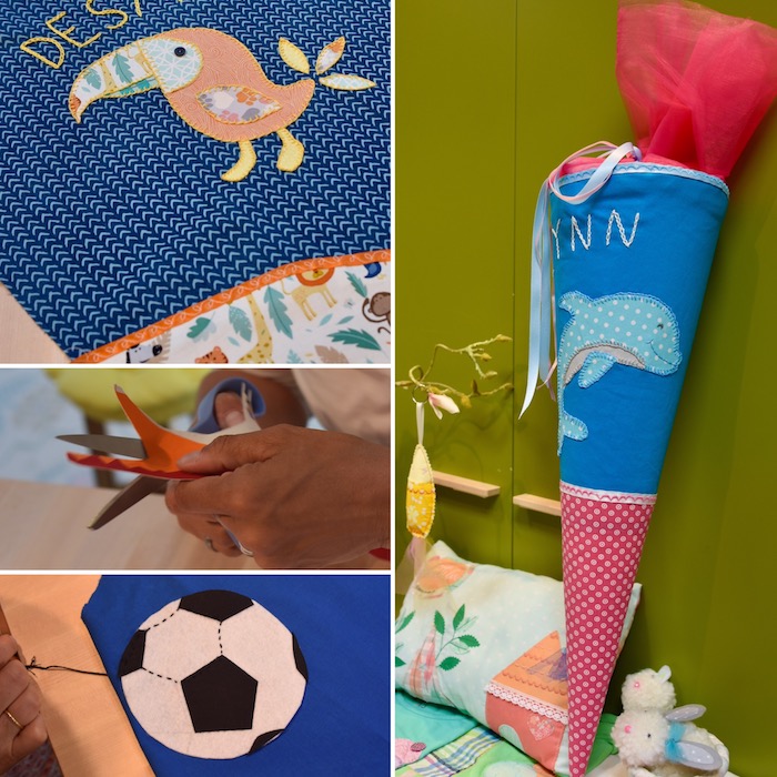 ein kinderbett und eine schultüte mit einem fußball, vogel und einem blauen delfin - schultüte basteln 