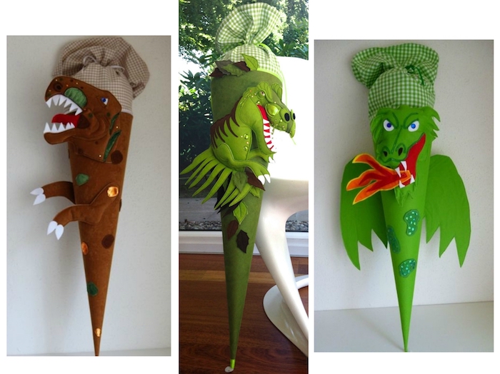drei bilder mit diy schultüten mit zwei dinosaurien und einem grünen drachen mit zwei grünen flügeln - eine schultüte selber basteln