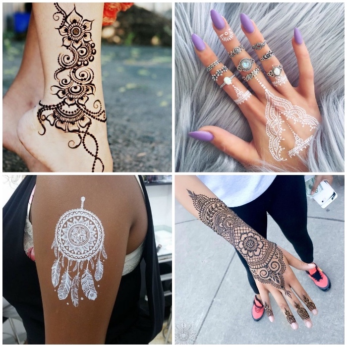 weißes henna, temporäre tätowierungen mit braunem und weißem henna, traumfänger an der shchulter