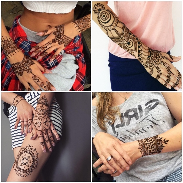 henna bilder, temporäre tätowierungen mit braunem henna, tattoo am unterarm