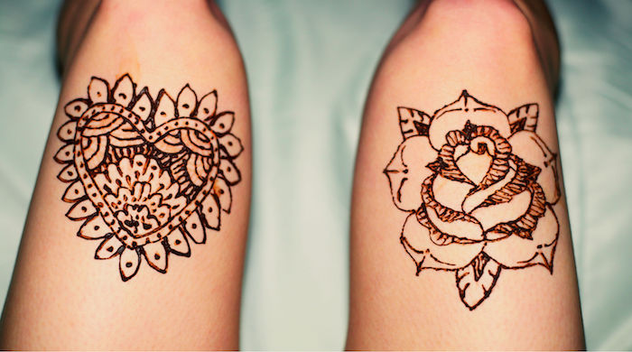 tattoo selber machen, einfache mehndi-muster, herz und rose an den beinen