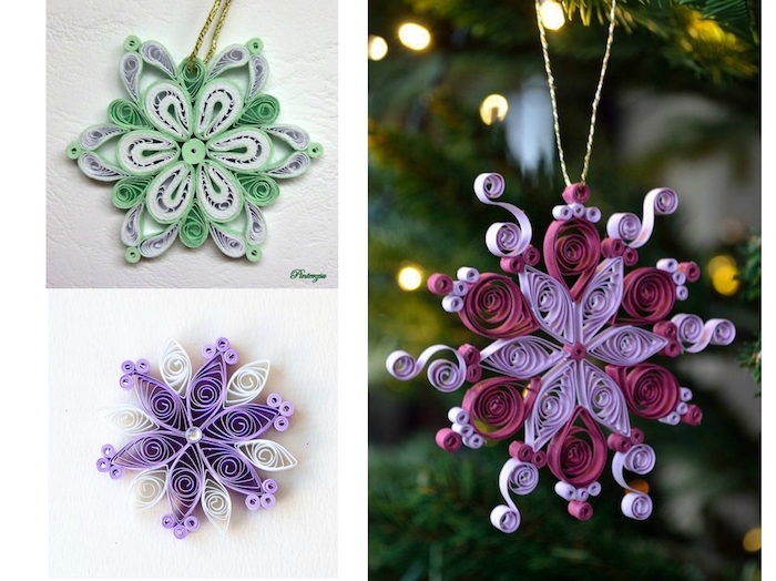 weihnachtsdekoration mit kleinen quilling weihnachtssternen aus violetten und grünen langen papierstreifen, weihnachtsdeko basteln mit kindern, quilling paper