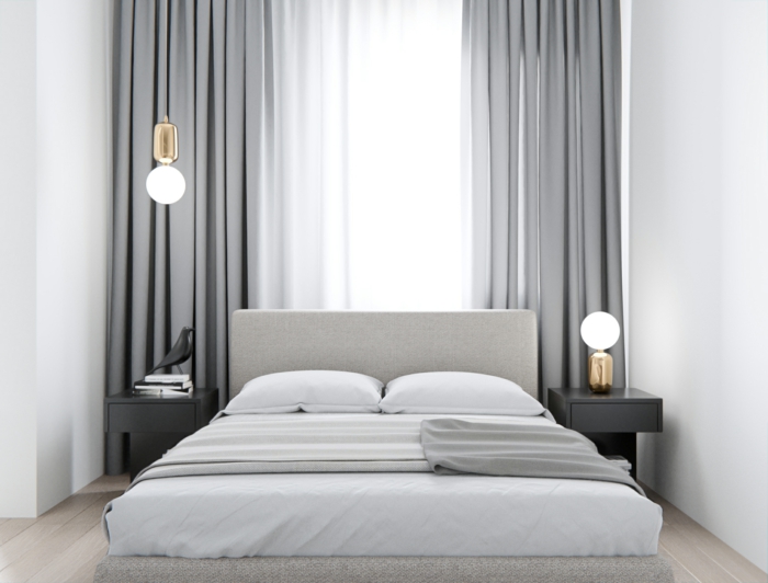 zwei graue Vorhänge, ein weißes Bett, Schlafzimmer Inspiration für minimalistische Gestaltung
