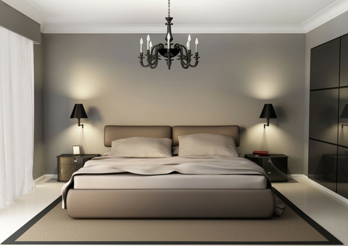 minimalistische Schlafzimmer Inspiration, Untegestell in beiger Farbe, zwei Nachtlampen