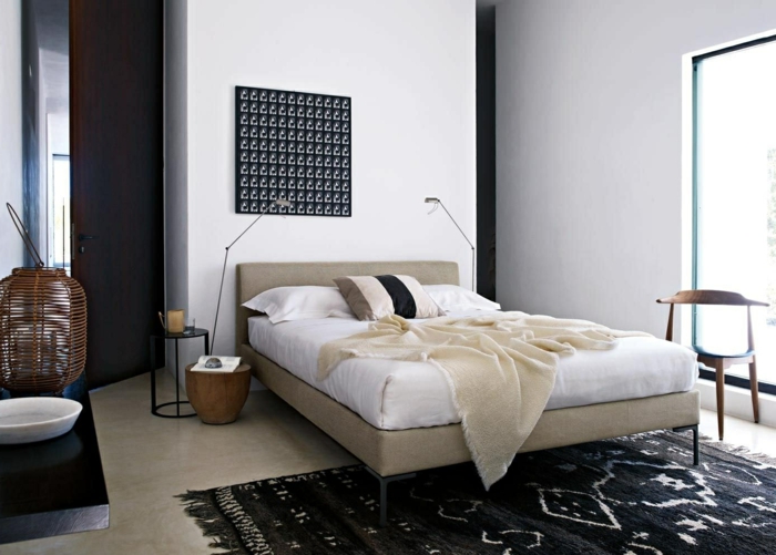 ein schwarzer Teppich, schwarzes Bild wie eine Netz, Schlafzimmer Inspiration für moderne Gestaltung