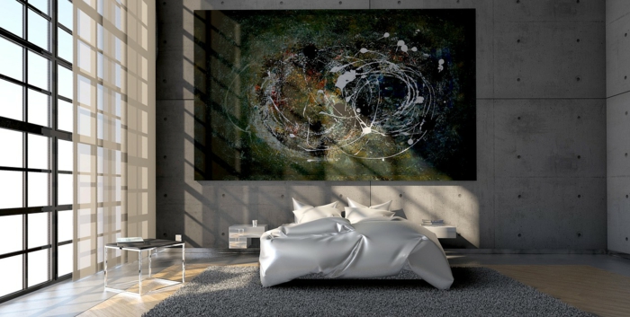 ein abstraktes Bild verschönert ein unban Schlafzimmer, Inspiration für modernes Design