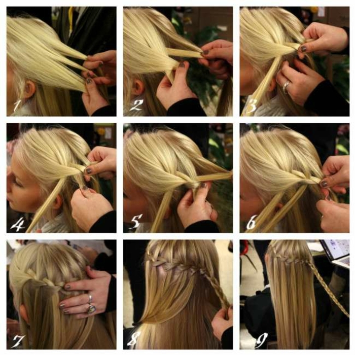 neun Schritte für geflochentene Zöpfe, blondes Haar, Wasserfall Zopf