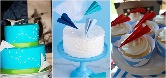 kleine kuchen mit einer weißen sahne und roten papierfliegern, eine blaue zweistöckige torte mit drei weißen papierfliegern, eine weiße torte mit drei blauen kleinen papierfliegern