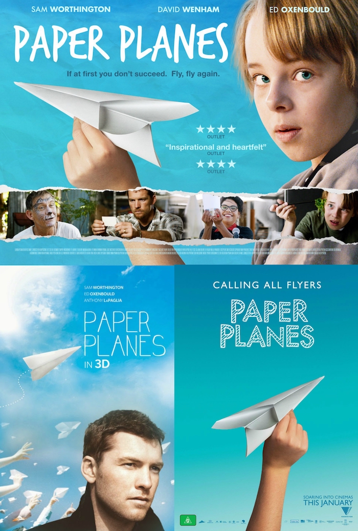 ein mann, blauer himmel mit weißen wolken und viele fliegende papierflieger, einen papierflieger selber machen