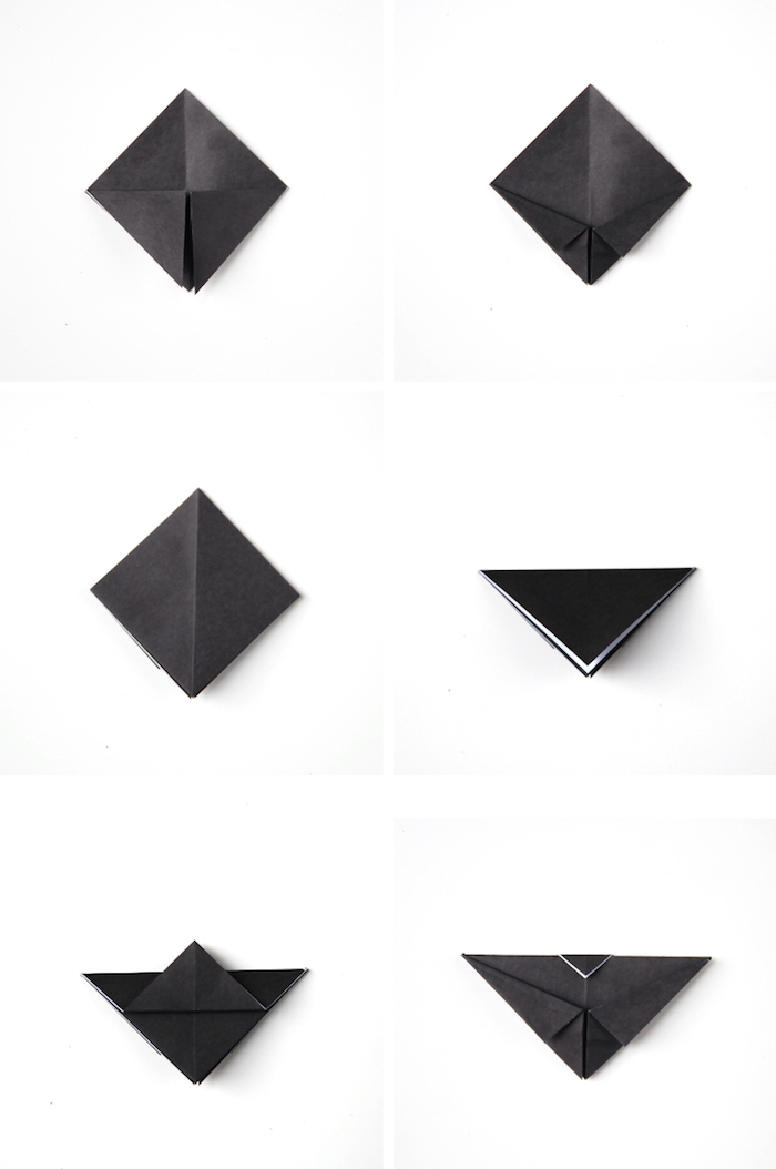 eine schritt für schritt diy anleitung in einigen schritten, eine schwarze origami fledermaus falten aus papier