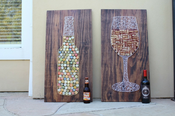 große Abbildungen von Flasche und Weinglas, ein Speicherraum für Deckel, String Art Bild