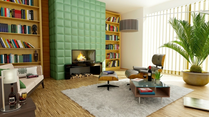 enorme Wohnzimmer Fernsehwand, in Grün gepostert, zwei Bücherregale symmetrisch gestellt
