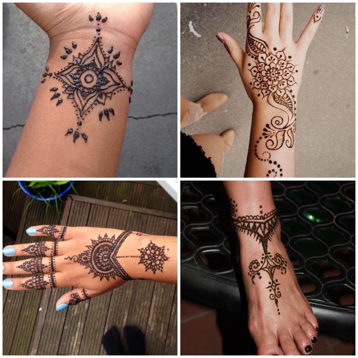 henna schablonen, detaillirte tattoos mit henna, traditionelle indische tätowierungen