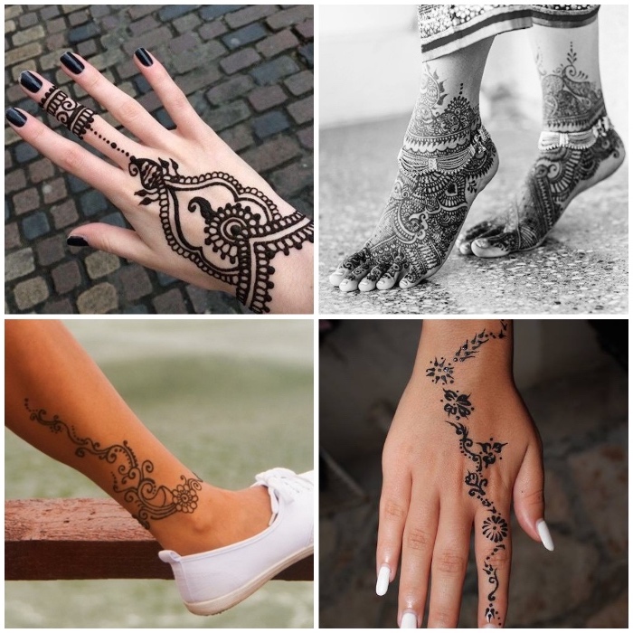 henna selber machen, schwarzer nagellack, temporäres tattoo am bein, mehndi