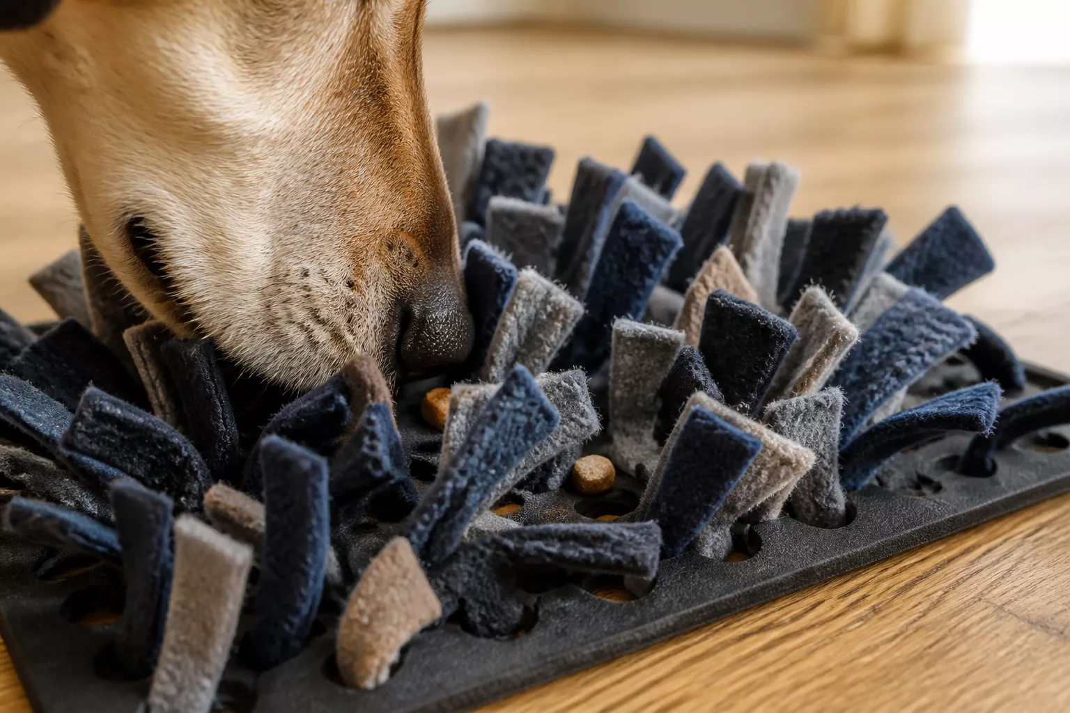 Hundeschnauze schnüffelt in selbstgemachter Schnüffelmatte aus Fleece