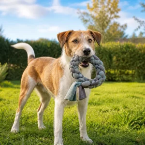 Hund spielt mit selbstgemachtem Fleece-Zergel: Hundespielzeug selber machen