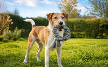 Hund spielt mit selbstgemachtem Fleece-Zergel: Hundespielzeug selber machen