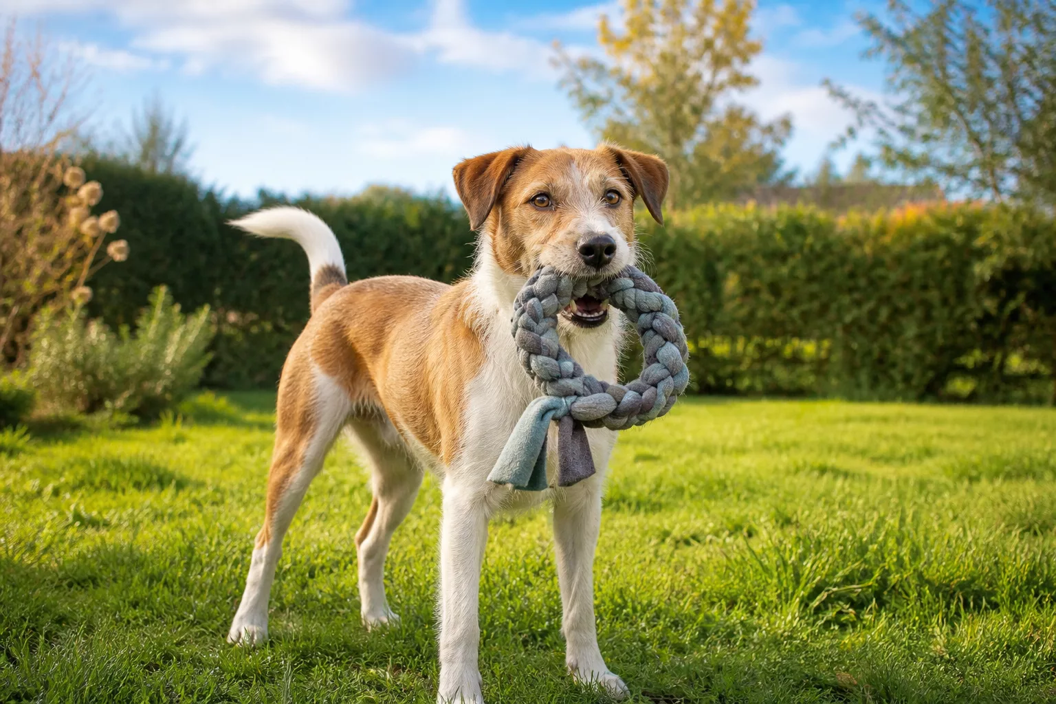 Hund spielt mit selbstgemachtem Fleece-Zergel: Hundespielzeug selber machen