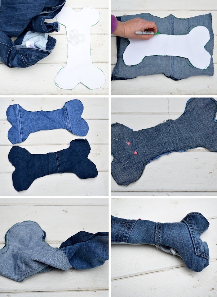 hundespielzeug selber basteln, knochen-spielzeug aus alten jeans selber machen