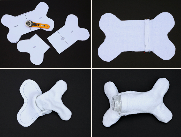 hundespielzeug selber machen, knochen-form ausscheiden, stoff nähen, plastikflsche