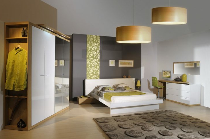 graue Wand mit grüner Dekoration, Schlafzimmer Ideen für moderne Gestaltung