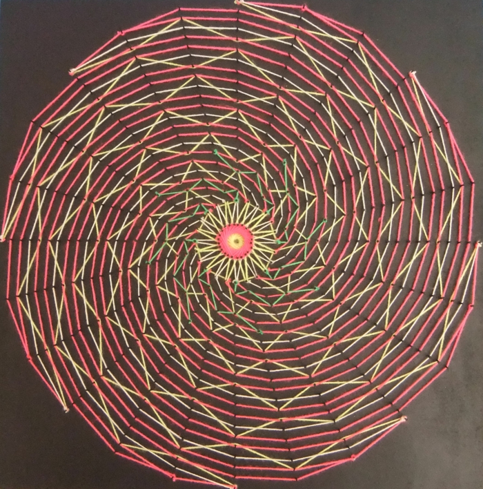 eine bunte Fadengrafik Anleitung aus drei Farben, wie eine Sonne, gerundete Abbildung