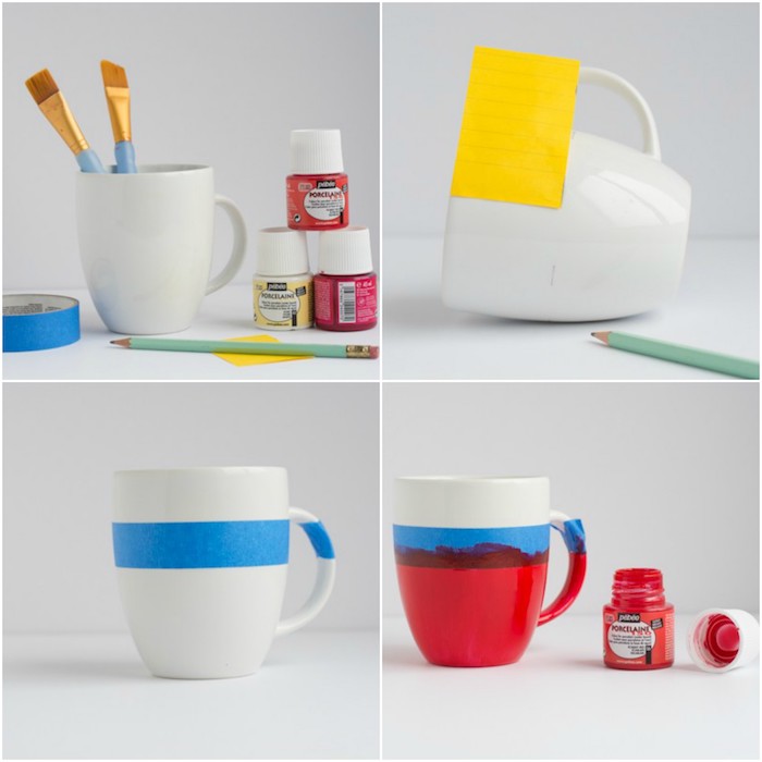 Weiße Tasse mit Porzellanfarbe bunt bemalen, einen Klebebandstreifen aufkleben und Farbe auftragen, den Streifen entfernen und die Farbe trocknen lassen