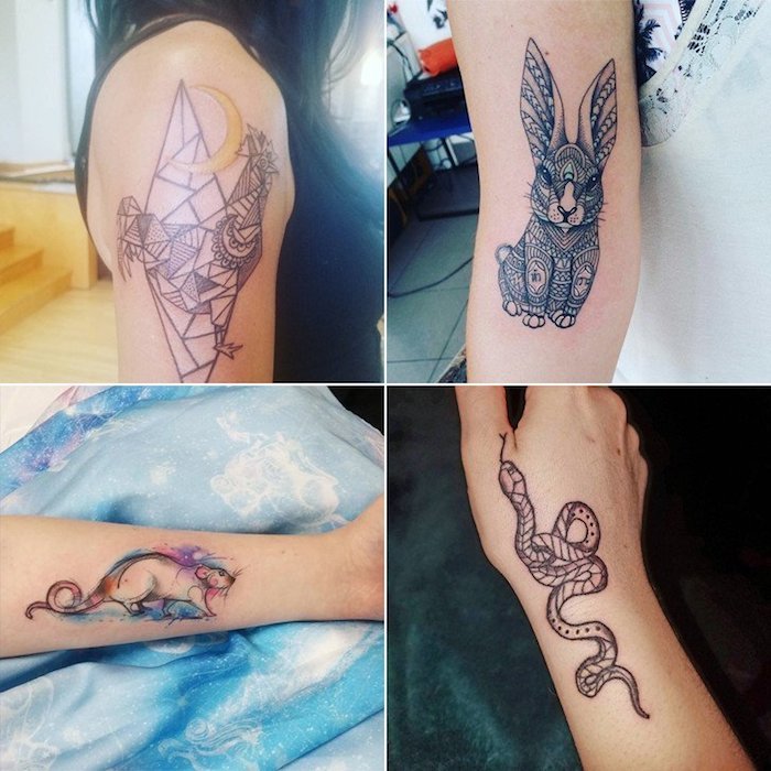 sternzeichen tattoo mit abbildungen von dem chinesischen horoskop astrologie der kulturen hahn, hase, maus, schlange