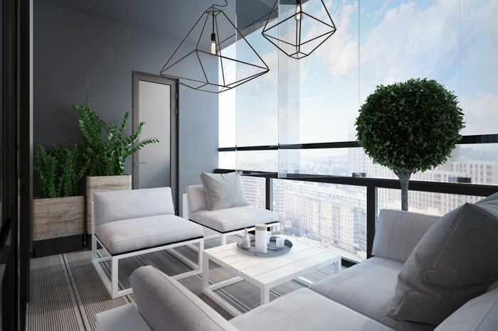 eine weiße Gestaltung von einer Terrasse, Bonsei Baum und moderne Kronleuchten, Terrasse planen