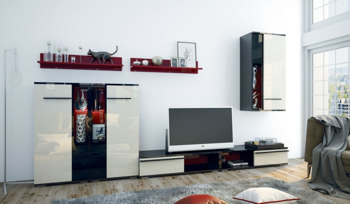 zwei Regale, ein Schrank, Wohnzimmer Fernsehwand selber zusammenstellen, grauer Teppich