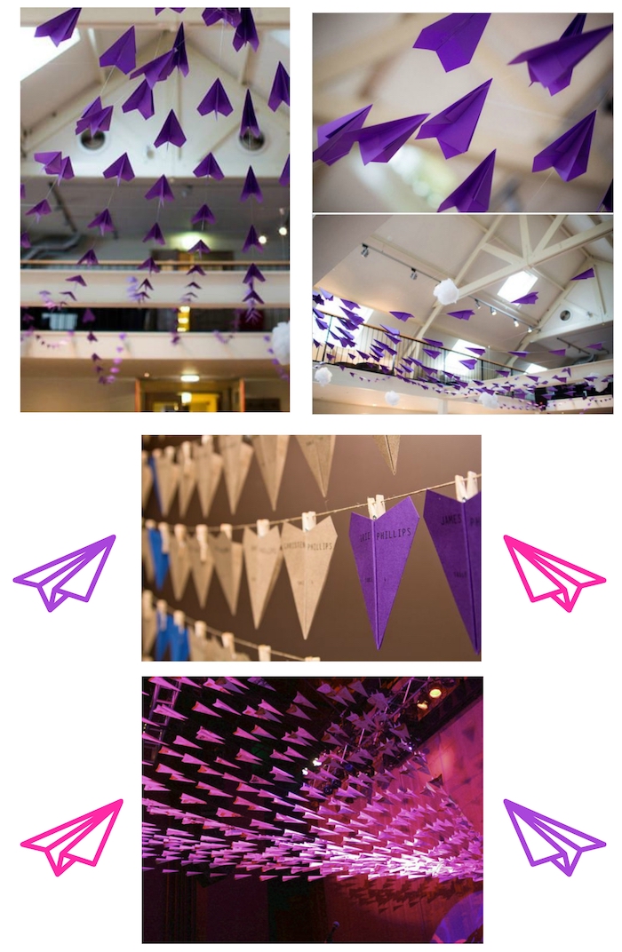 zimmer mit weißen wänden und lampen und dekoration mit vielen violetten und weißen papierfliegern, einen violetten papierflieger selber bauen, fliegende pinke papierflieger 