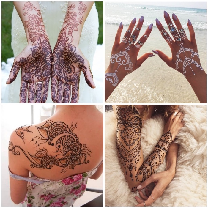 weißes henna, tätowierung an dem ganzen arm, temporäre tätowierungen mit henna