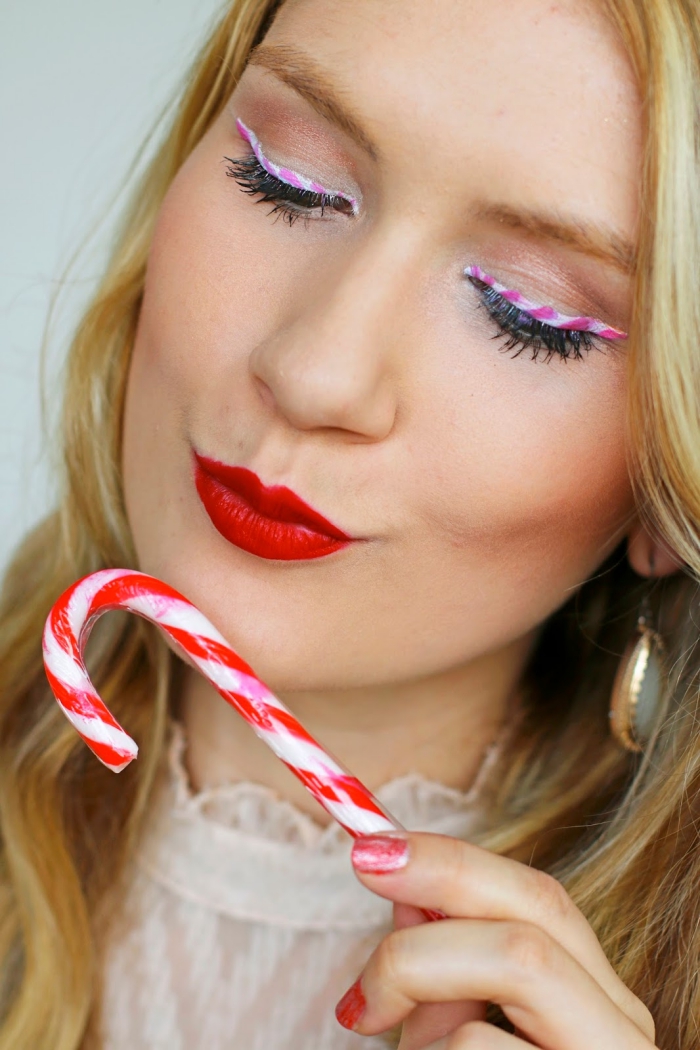 lippenstift farbe ideen in rot für die winter feiertage zuckerstange make up und pinke schminke