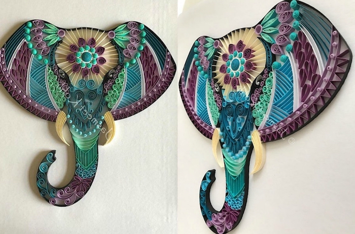 zwei quilling elefanten mit papierstereifen, bastelideen für erwachsene, elefant aus langen violetten, grünen und blauen quilling papierstreifen