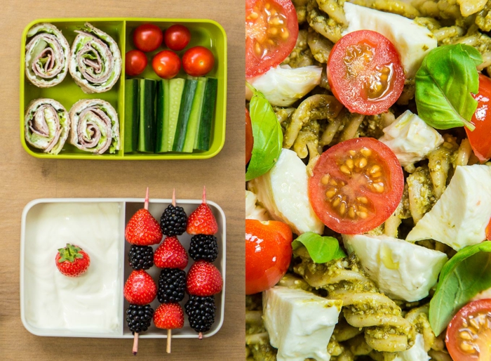 abnehmen leicht gemacht obst und gemüse in kasten gesundes essen zum mitnehmen pasta mit tomaten und mozarella