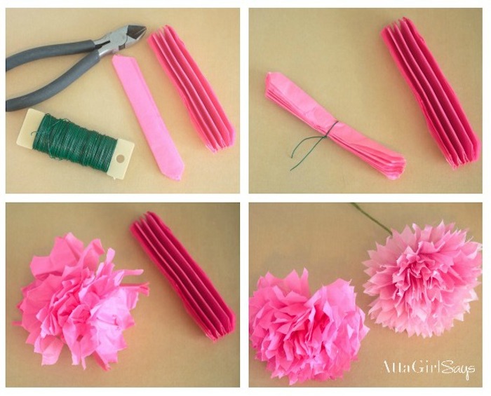 Blumen aus Papier selber basteln, Anleitung in vier Schritten, Blüten aus rosa Krepppapier