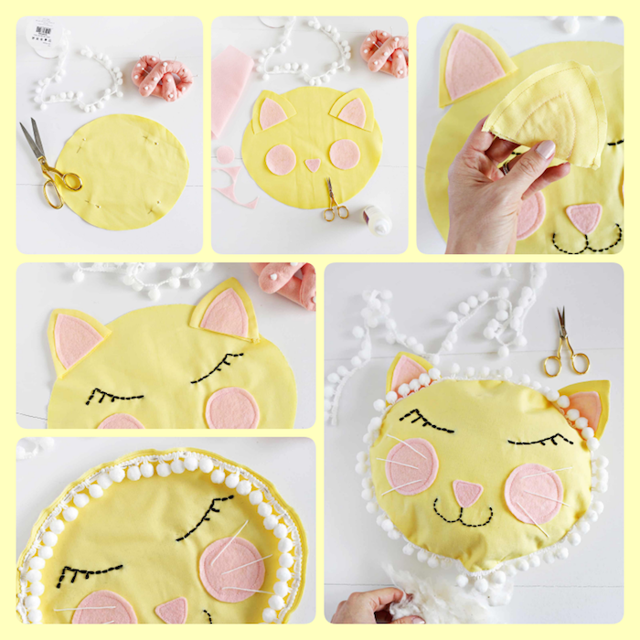 Süße Babyzimmer Deko selber machen, gelbes Kissen in Form von Katze nähen Schritt für Schritt 