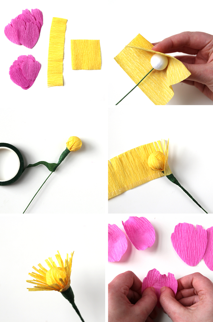 Blumen aus Krepppapier basteln, Anleitung in sechs Schritten, DIY Idee für Frühlingsdekoration