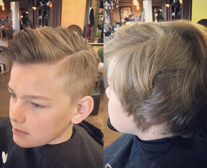 zwei Jungen Frisuren, lange Haare und Undercut, blonde Jungen mit Seitenscheitel