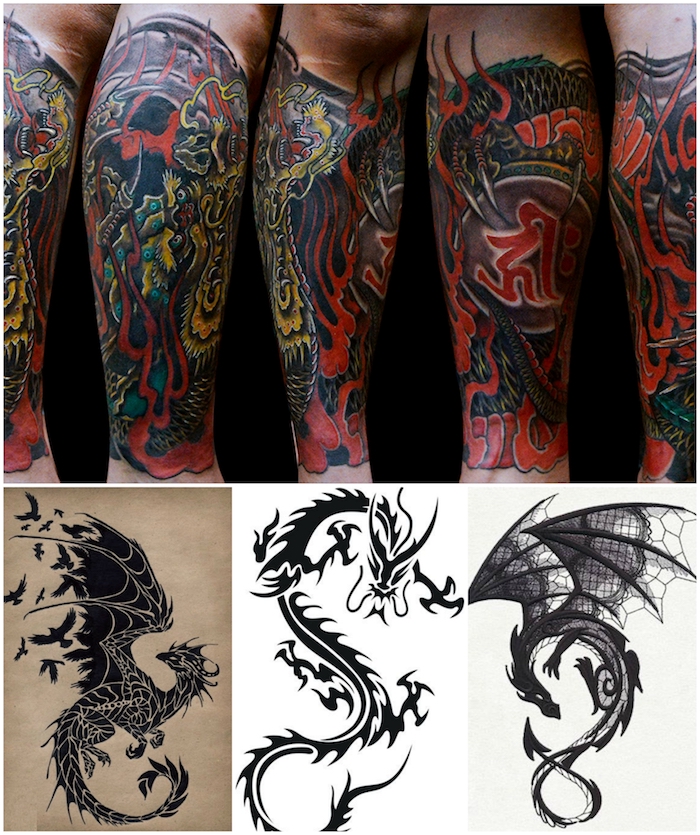 ein chinesischer drache mit scharfen schwarzen nageln und einem langen schwarzen schwanz, ein großer japanischer roter drachen tattoo unterarm, ein fliegender schwarzer drache mit zwei scharzen großen flügeln