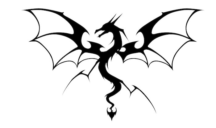 schwarzer drache mit einem langen schwarzen schwanz und mit zwei großen schwarzen flügeln und zähnen, drachen zeichnen 