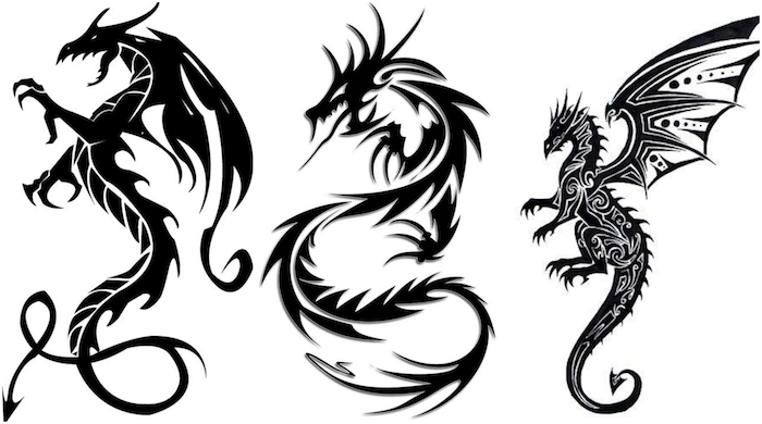 drei drachen tätowierungen, drei drachen bilder, fliegende schwarze drachen mit zwei schwarzen flügeln, langen schwanzen und scharfen schwarzen nageln und zähnen, ein roter drache mit weißen augen