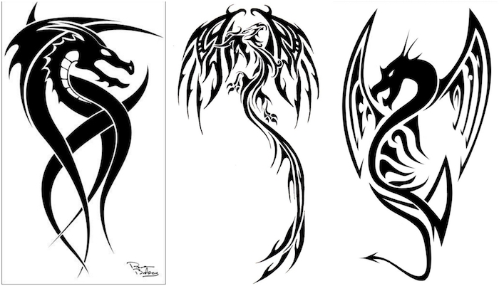 drei fliegende schwarze drachen tattoos, drachen mit schwarzen flügeln, weißen augen und langen schwarzen schwanzen und mit schwarzen scharfen zähnen, drachen bilder
