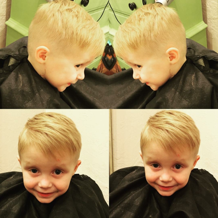 ein blondes Baby in vier Fotos, Undercut Frisur mit Seitenscheitel, ganz glücklich