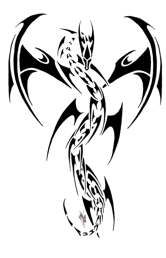 ein tattoo mit einem schwarzen fliegenden drachen mit zwei großen schwarzen flügeln und miz einem langen schwarzen schwanz, drachen tattoo vorlagen
