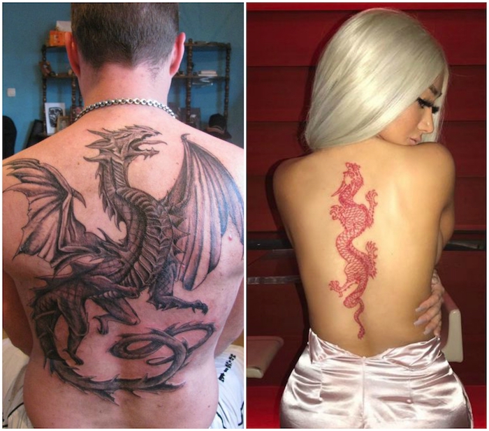 eine kunge frau und blone haare, frau mit einem roten chinesischen drachen tattoo rücken, ein mann mit einem großen schwarzen drachen tattoo mit großen flügeln
