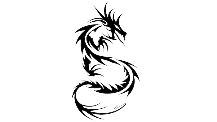 schwarzer drachen tattoo, ein kleiner schwarzer drache mit einem langen schwarzen schwanz und weißen augen und scharfen schwarzen nageln, drachen bilder