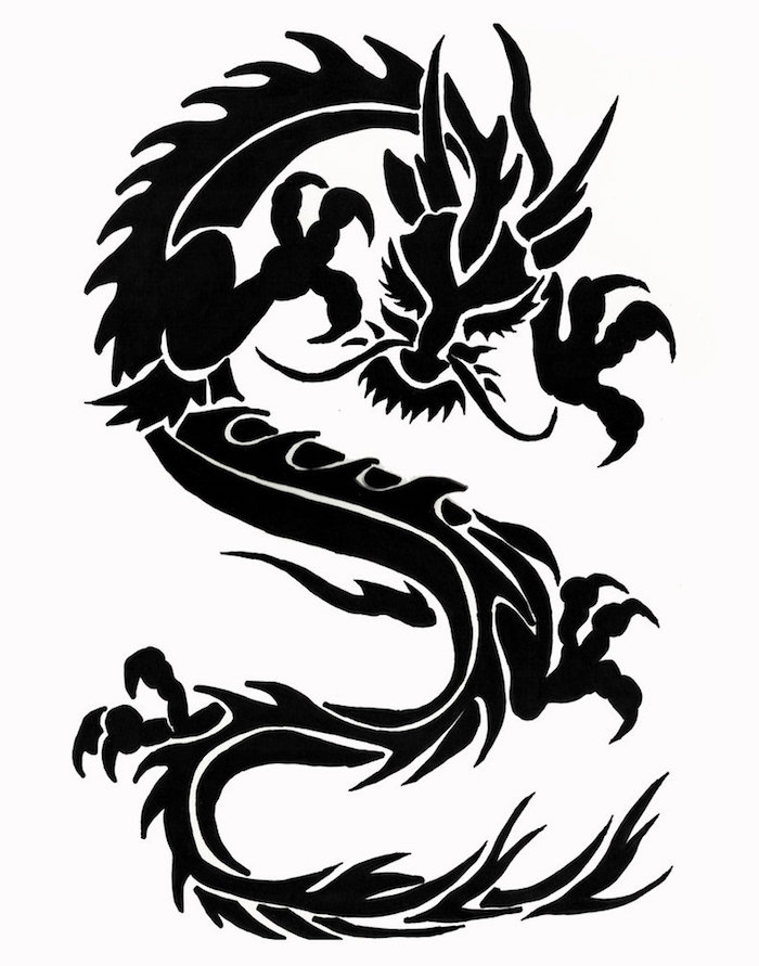 ein großer schwarzer chinesischer drache mit einem langen schwanz und mit schwarzen scharfen nageln und langen schwarzen schnurrbärten und weißen augen, japanische drachen tattoo vorlagen